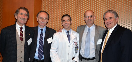 Above, from left: Drs. Paolo Cappabianca, Mario Zuccarello, Norberto Andaluz, Lee Zimmer and Jeffrey Keller. Photo by Tonya Hines.