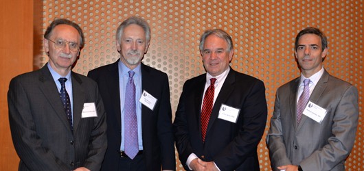 From left, Drs. Mario Zuccarello, Mayfield Lecturer Kim Burchiel, Jeffrey Keller and Norberto Andaluz. Photo by Tonya Hines.