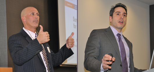 Drs. Marc Orlando, left, and Brad Curt, of the Mayfield Clinic discuss options for patients who experience chronic pain. Photos by Cindy Starr.