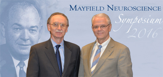 Mario Zuccarello, MD, left, Mayfield neurosurgeon and Chairman of the Department of Neurosurgery at UC, and Mayfield Lecturer James T. Rutka, MD, PhD, Professor and Chair, Department of Surgery at the University of Toronto. Photo by Tonya Hines.
